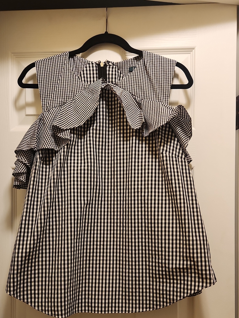 Ralph Lauren Black and White Gingham Ruffle Cold-Shoulder Top